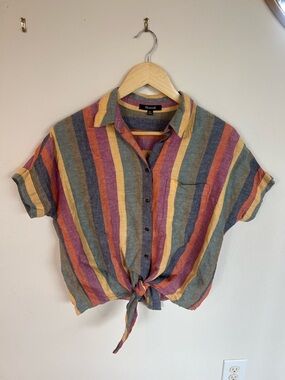 Madewell Multicolor Short Sleeve Striped Tie-Front Button-Down Shirt in Rainbow